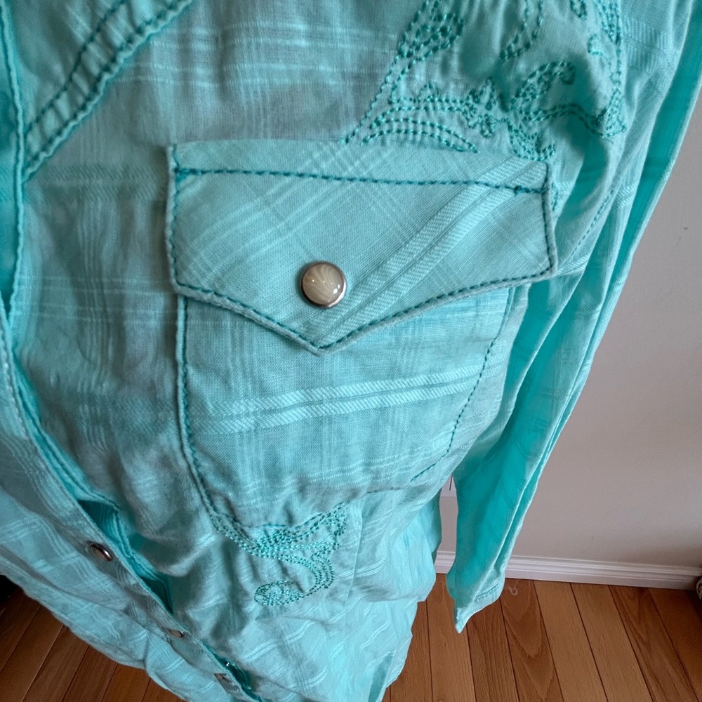 Wrangler 100% Cotton Light Blue Western Style Plaid Shirt - Picture 5 of 13